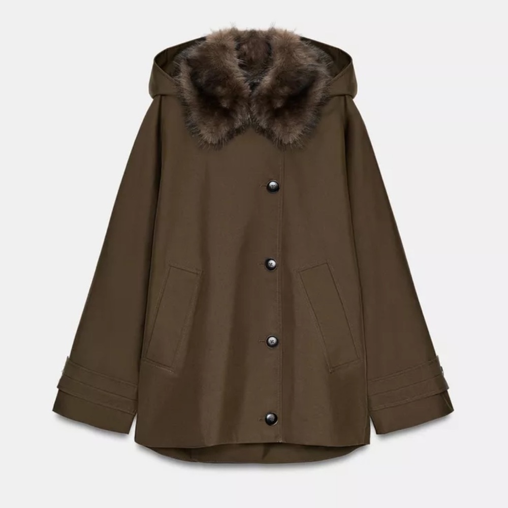 Zara ZW Collection Short Trench Coat Faux Fur Collar Hooded Jacket Brown M